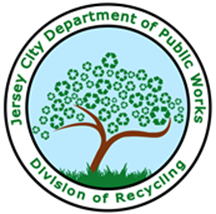 The logo of the Jersey City Department of Public Works Division of Recycling, featuring a tree on a blue background. The tree has leaves made out of green recycling logos