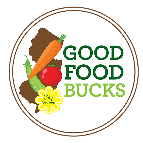 Good Food Bucks logo - circle with the outline of the state of New Jersey featuring fruits & vegetables.