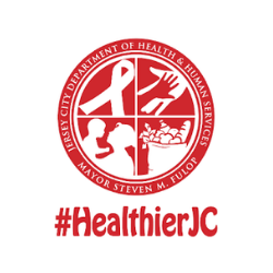 Vertical Healthier JC Logo - Red & white on a White background. Silhouettes of food & families in a circle. A project of the Jersey City Department of Health and Human Services