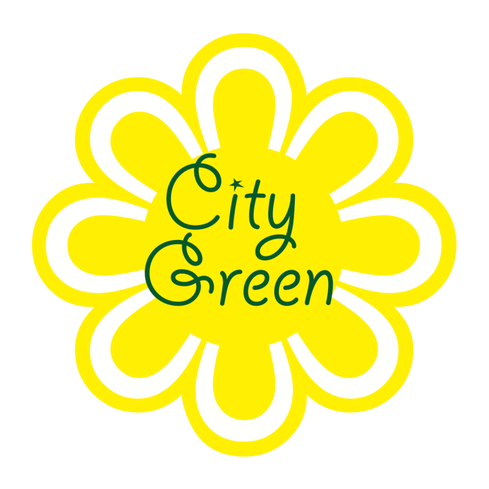 City Green non-profit logo. Bright yellow flower outline with City Green in Green script in the middle