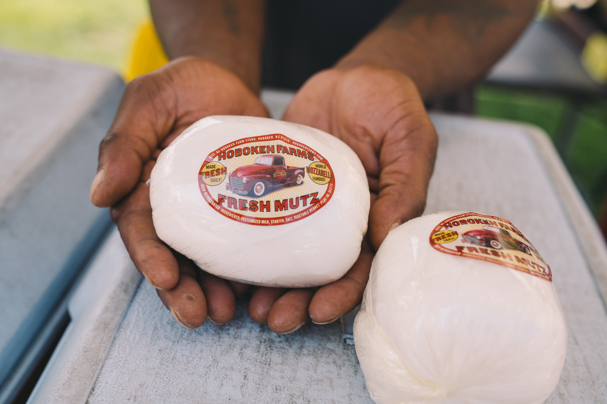 Photo of a Black man's two hands holding a ball of fresh mozzarella wrapped in plastic with a Yellow & Red "Hoboken Farms" logo on the outside