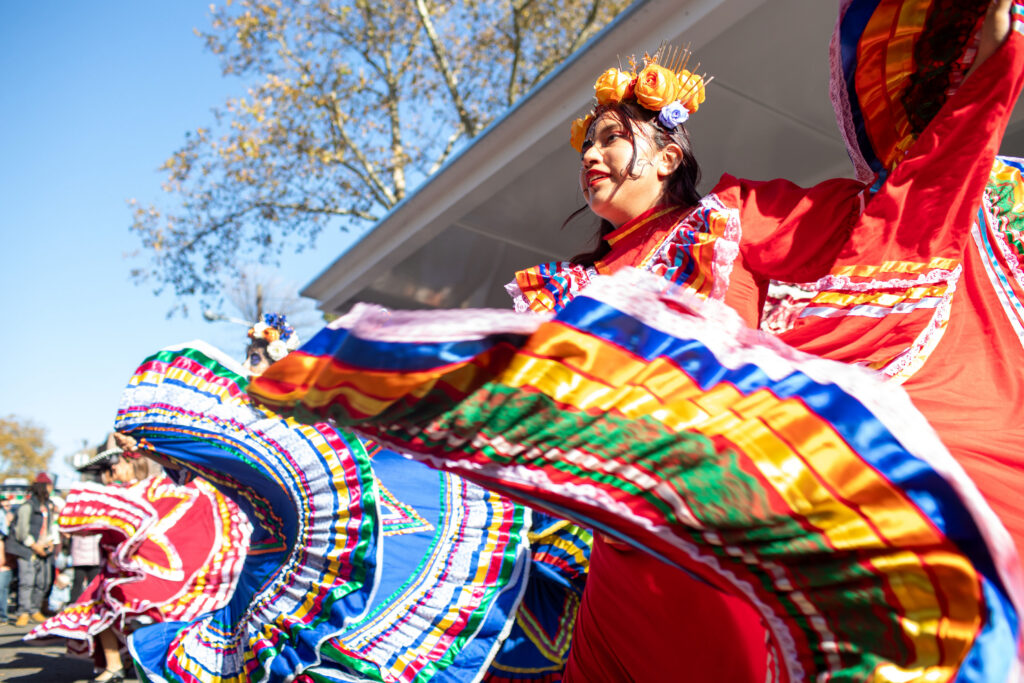 Mexican folkloric dancers photographed at the 2025 Day of the Dead festival